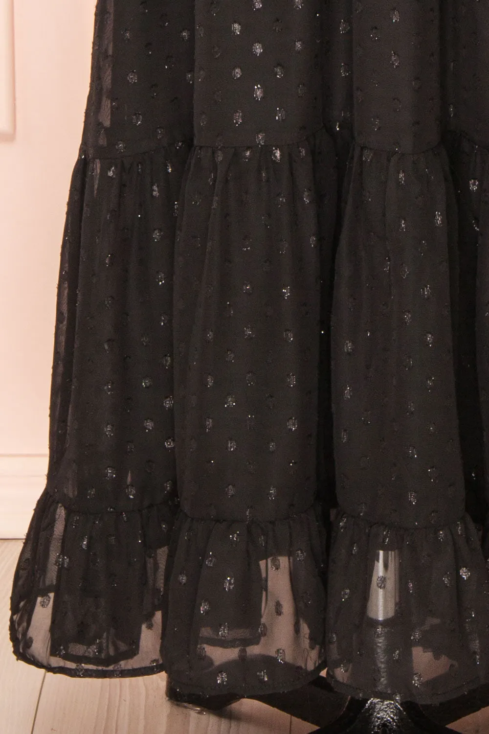Isandrine | Long Black Dress w/ Dots & Ruffles