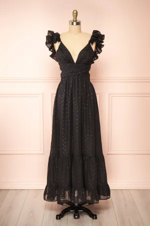 Isandrine | Long Black Dress w/ Dots & Ruffles