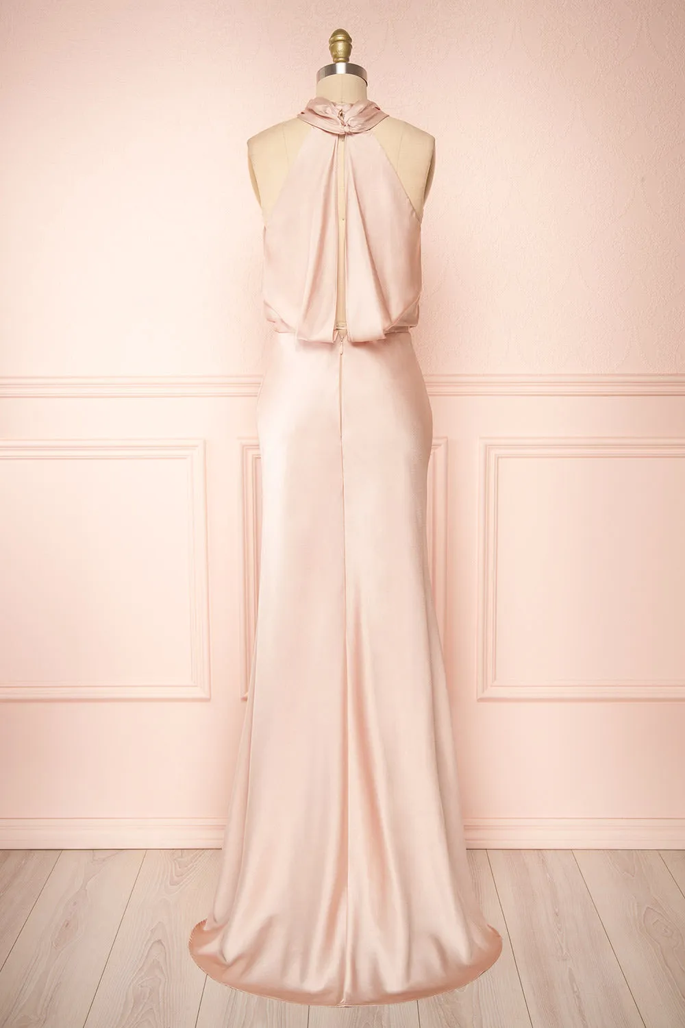 Jinny Champagne | Satin Halter Maxi Dress