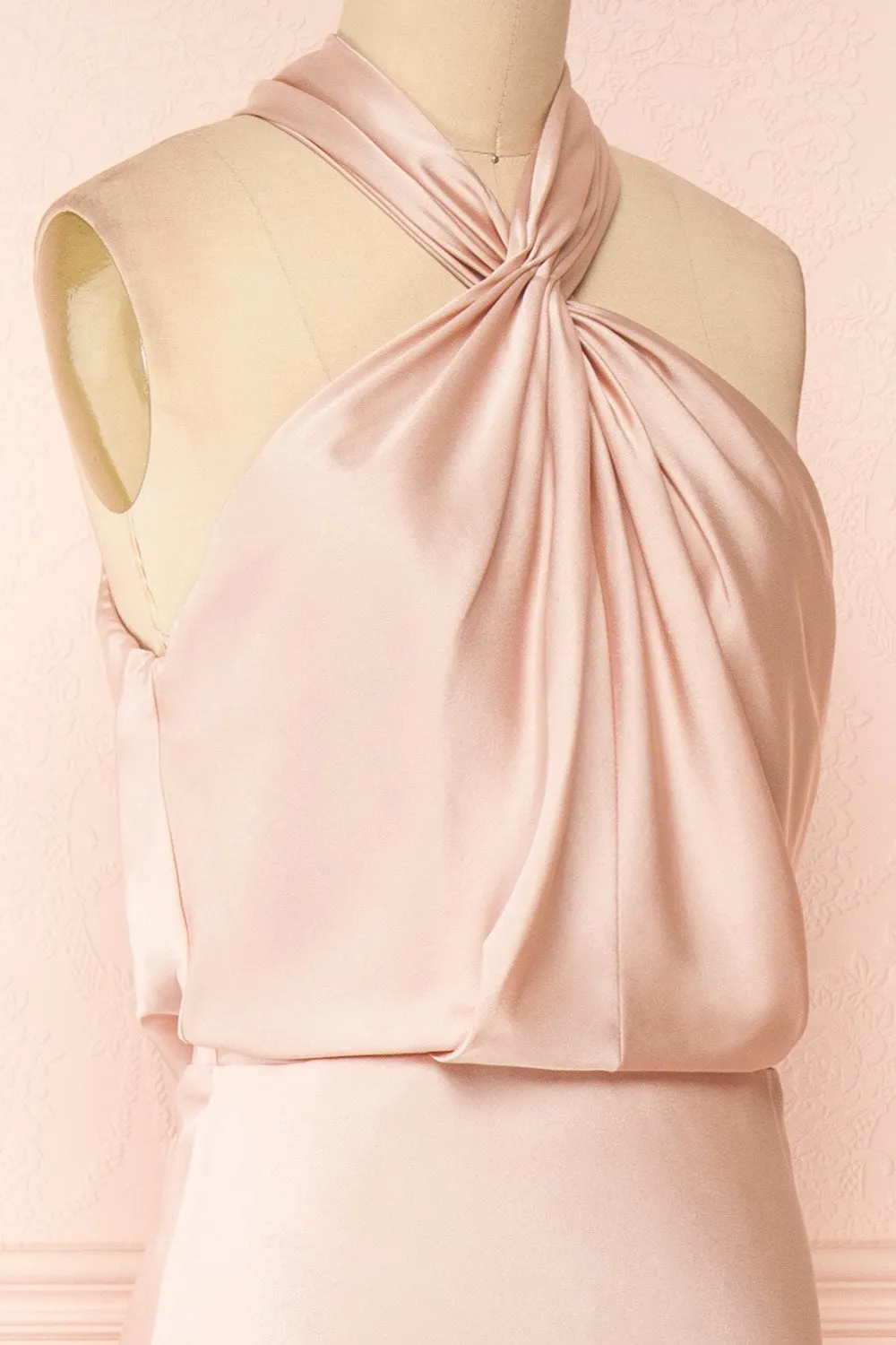 Jinny Champagne | Satin Halter Maxi Dress