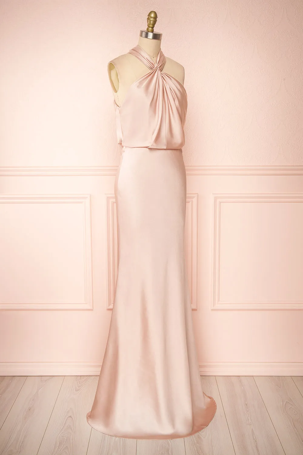 Jinny Champagne | Satin Halter Maxi Dress