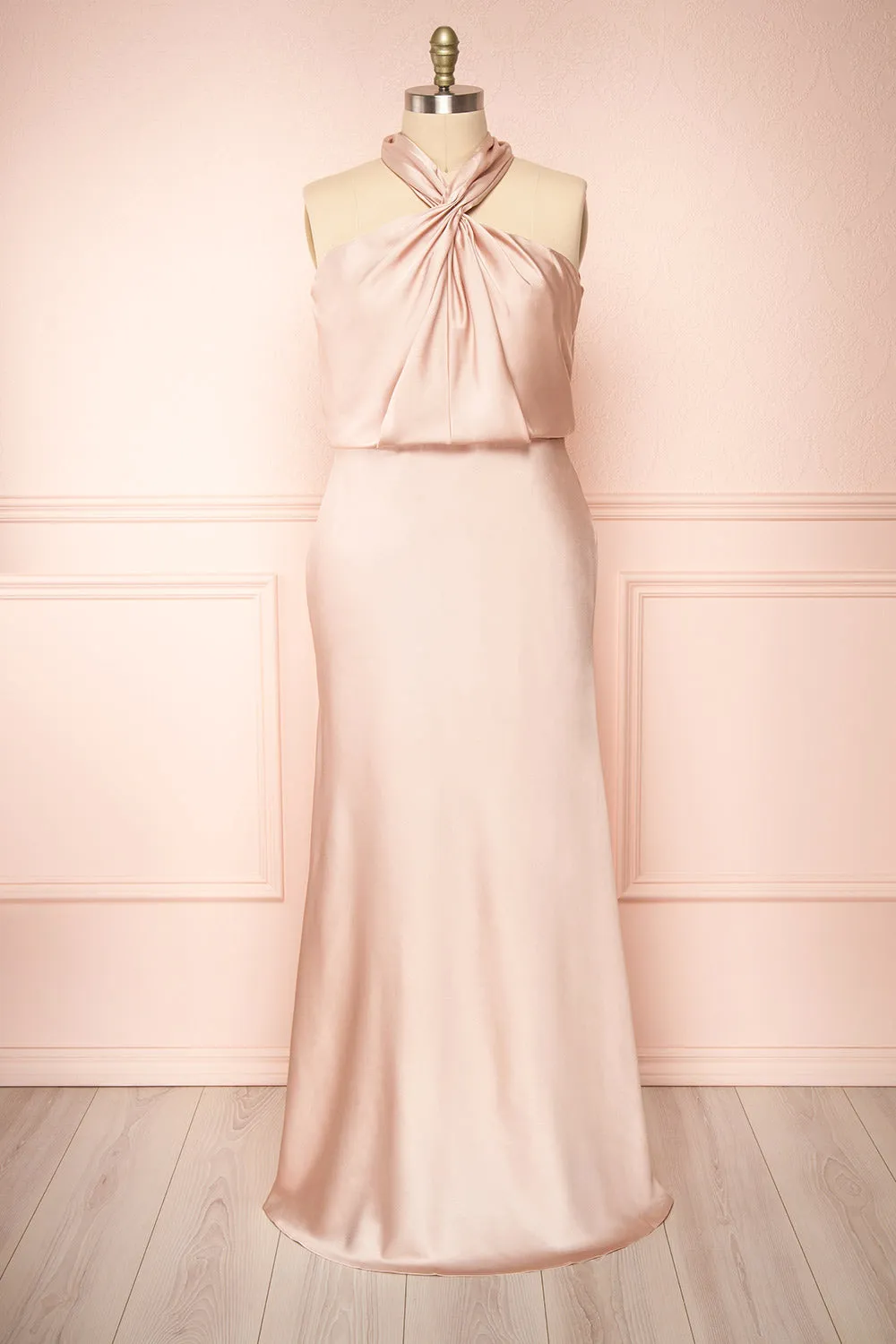 Jinny Champagne | Satin Halter Maxi Dress
