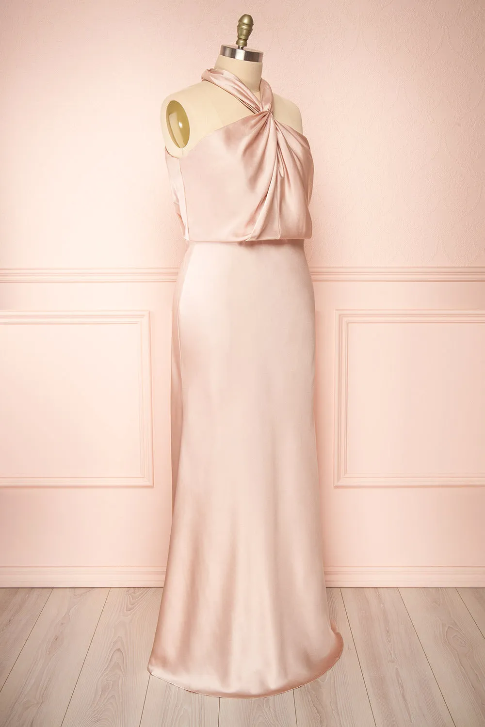 Jinny Champagne | Satin Halter Maxi Dress