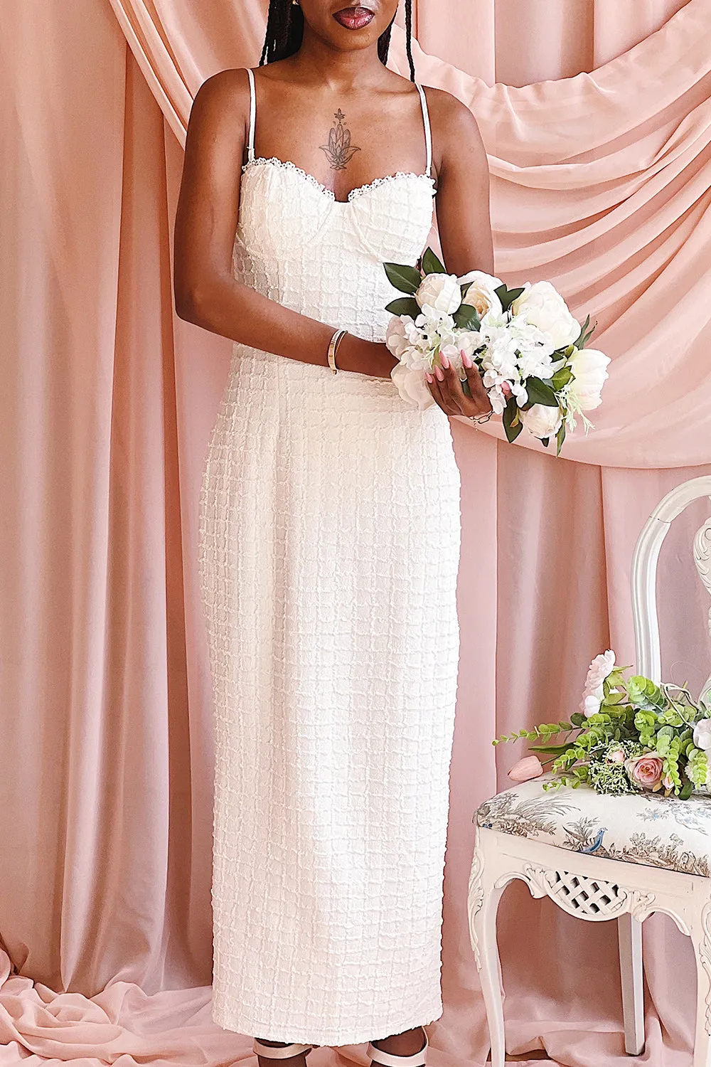 Kathia Ivory| Long Textured Fitted Dress