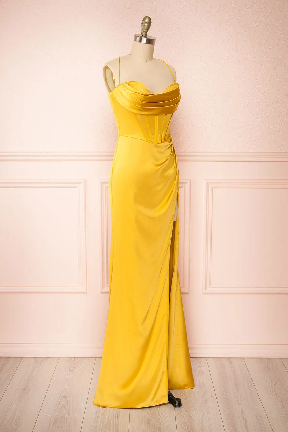 Kesha Yellow | Corset Cowl Neck Maxi Dress