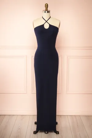 Leora Navy | Long Dress with Criss-Cross Halter Neckline