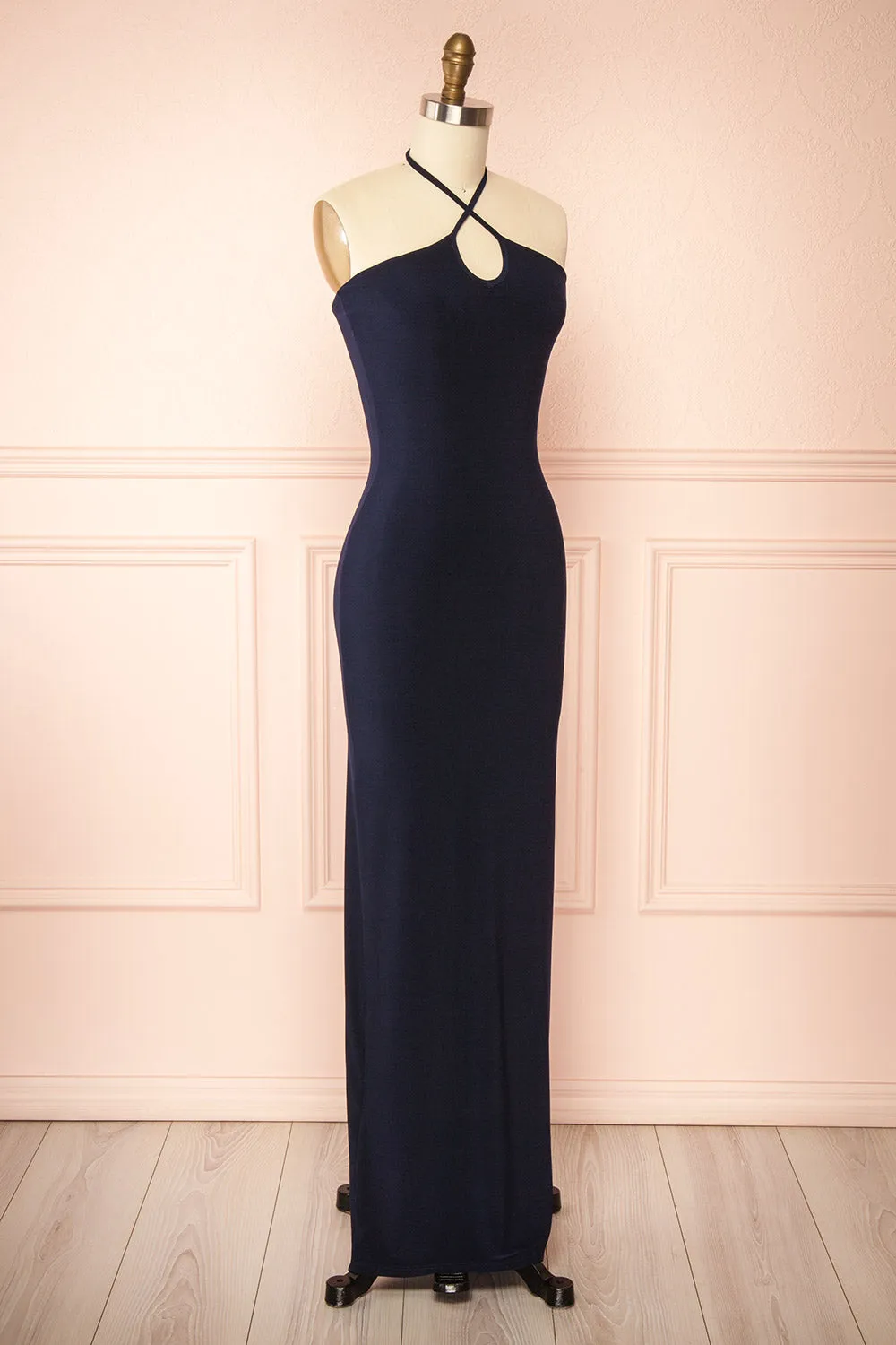 Leora Navy | Long Dress with Criss-Cross Halter Neckline