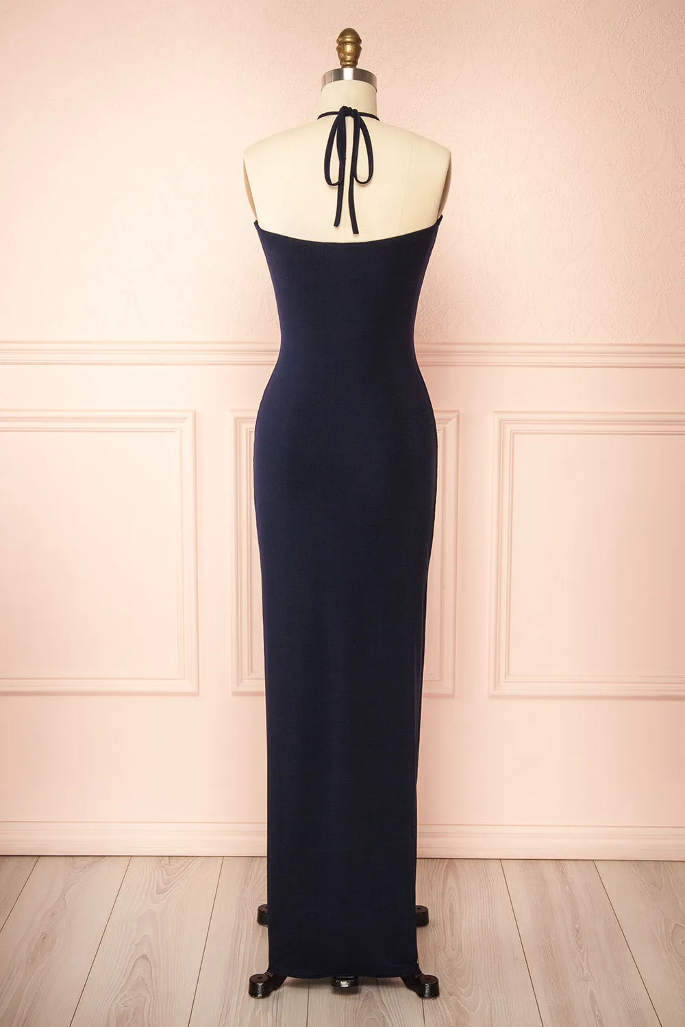 Leora Navy | Long Dress with Criss-Cross Halter Neckline