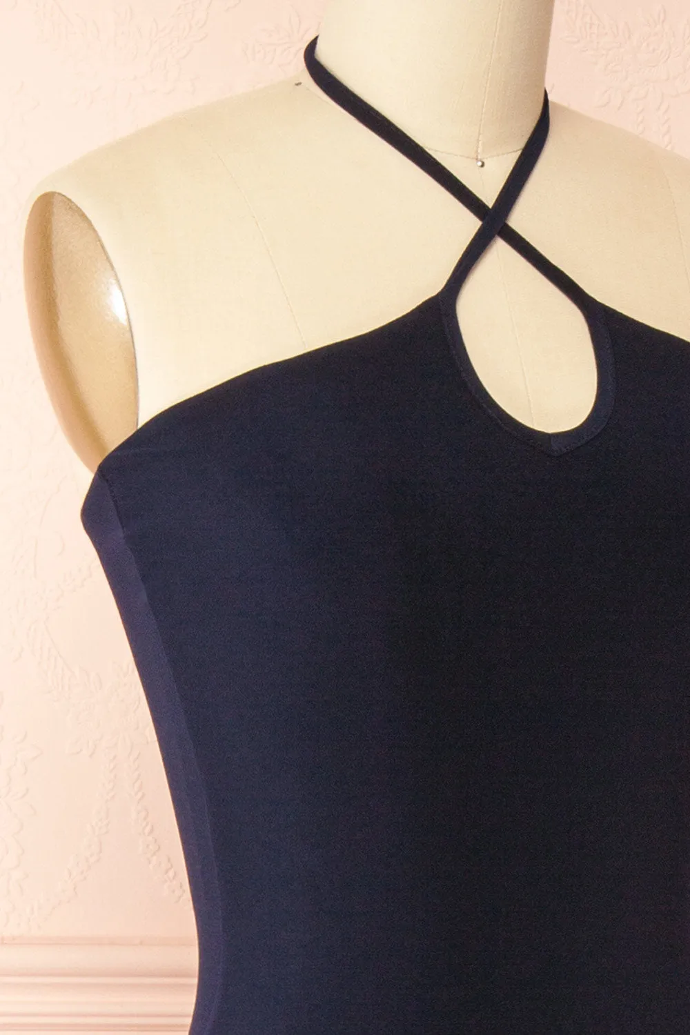 Leora Navy | Long Dress with Criss-Cross Halter Neckline