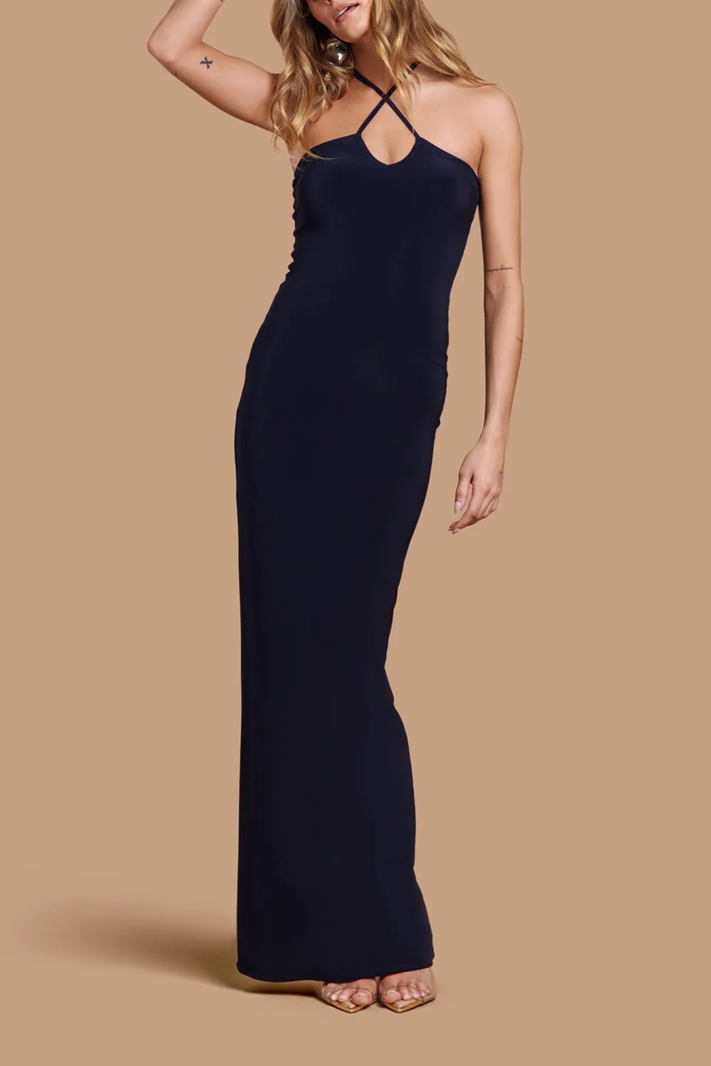 Leora Navy | Long Dress with Criss-Cross Halter Neckline