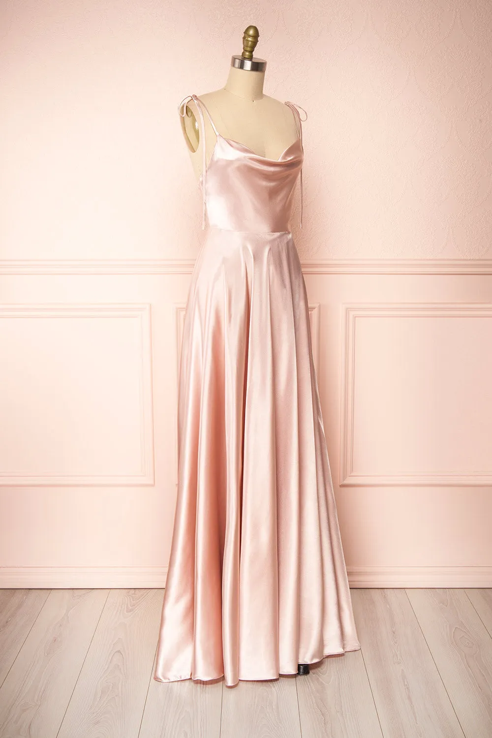 Moira Blush | Cowl Neck Satin Maxi Dress w/ High Slit