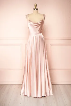 Moira Blush | Cowl Neck Satin Maxi Dress w/ High Slit