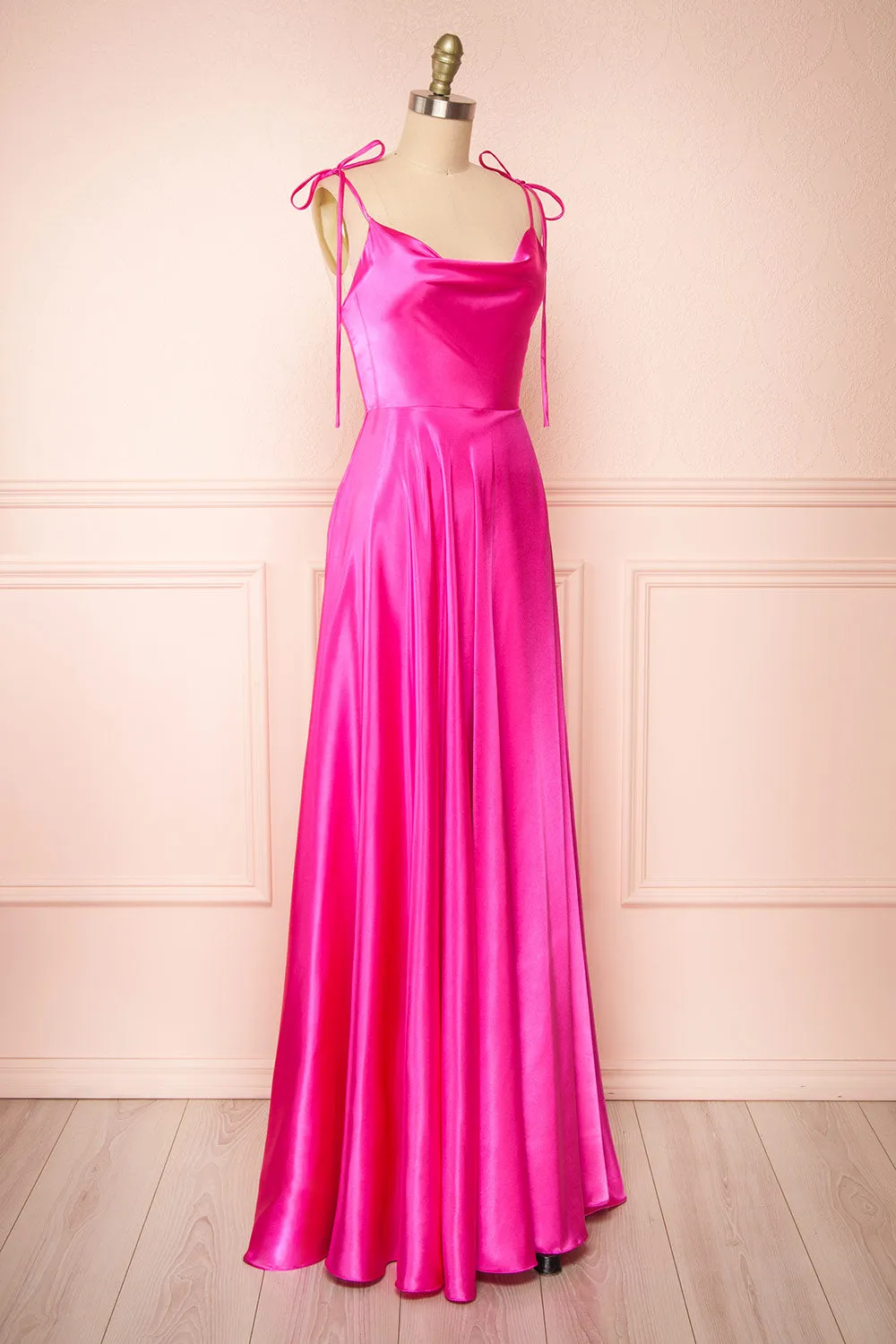 Moira Fuchsia | Cowl Neck Satin Maxi Dress w/ High Slit