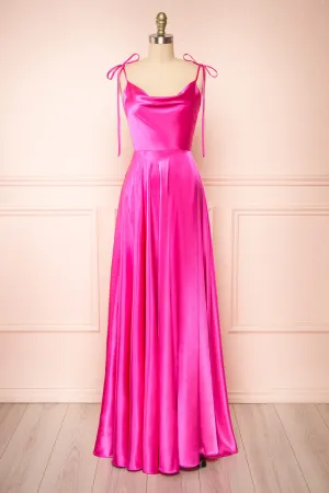 Moira Fuchsia | Cowl Neck Satin Maxi Dress w/ High Slit
