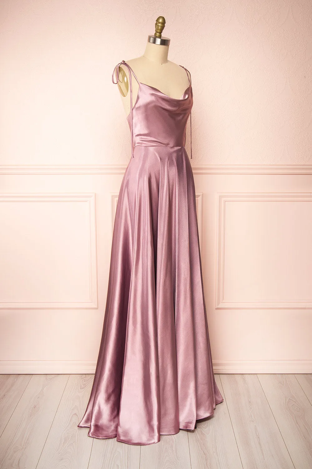 Moira Mauve | Cowl Neck Satin Maxi Dress w/ High Slit