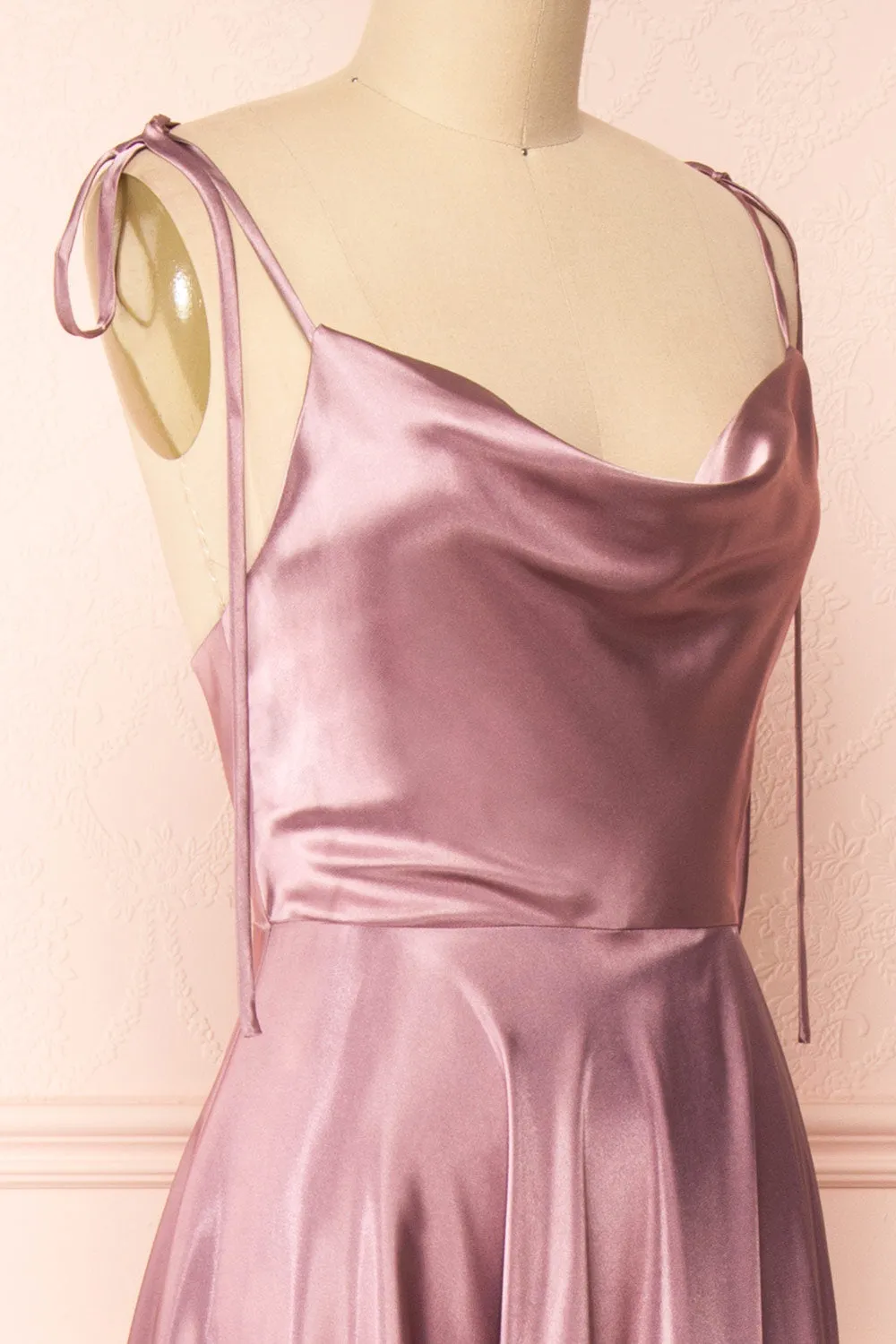 Moira Mauve | Cowl Neck Satin Maxi Dress w/ High Slit