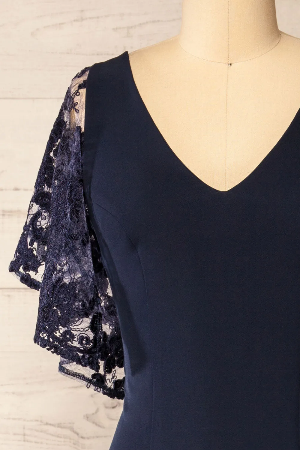 Myrania Navy | Fitted Midi Dress w/ Embroidered Sleeves