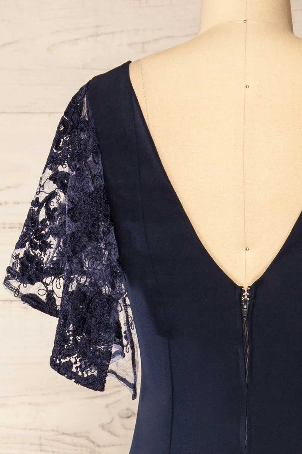Myrania Navy | Fitted Midi Dress w/ Embroidered Sleeves