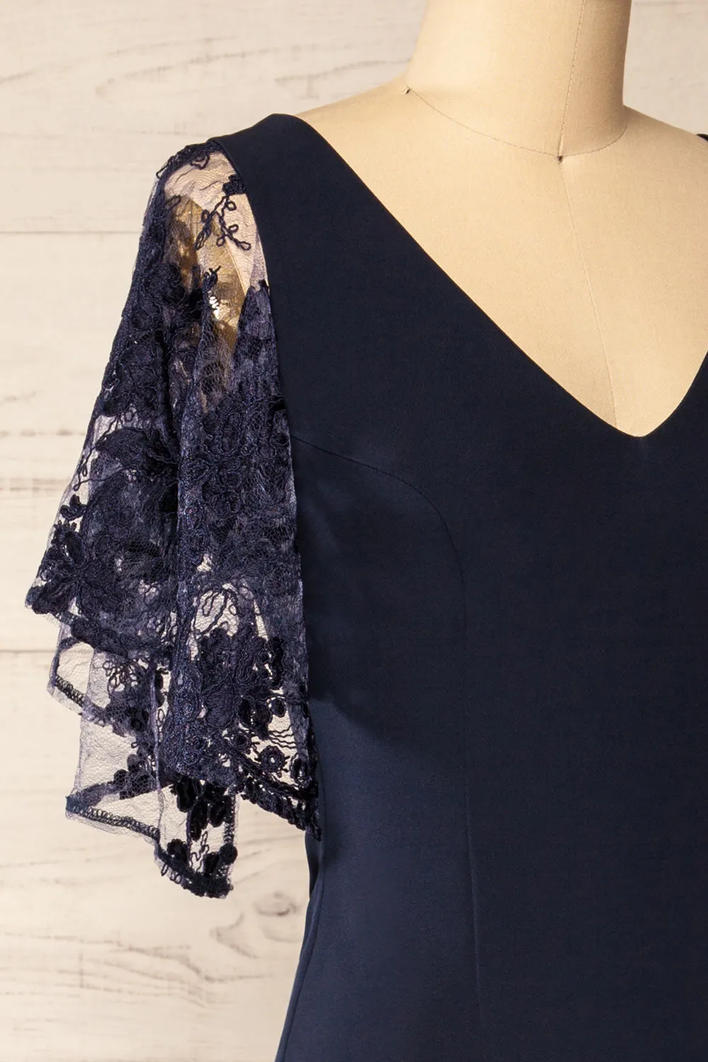 Myrania Navy | Fitted Midi Dress w/ Embroidered Sleeves