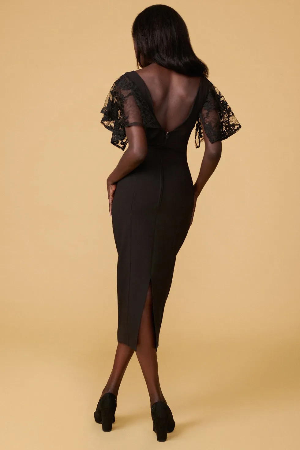 Myrania Navy | Fitted Midi Dress w/ Embroidered Sleeves
