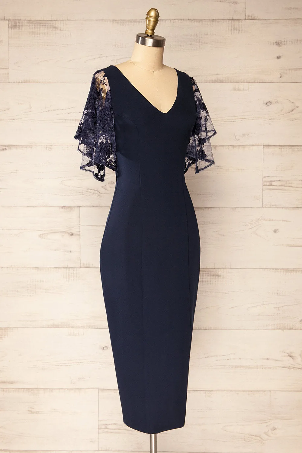 Myrania Navy | Fitted Midi Dress w/ Embroidered Sleeves