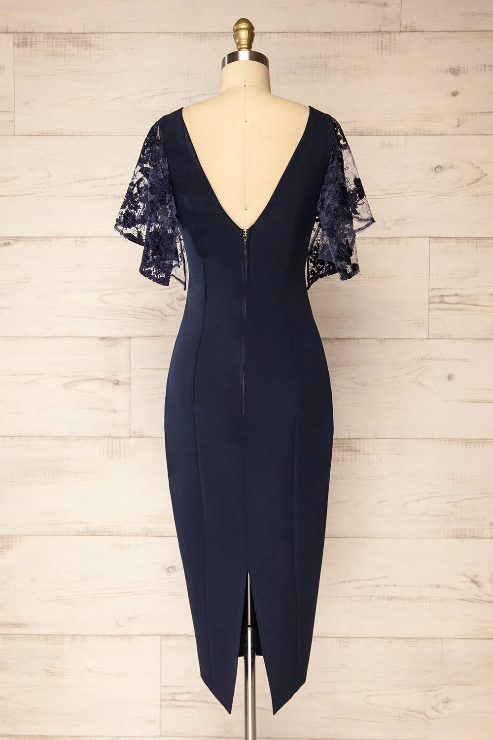 Myrania Navy | Fitted Midi Dress w/ Embroidered Sleeves