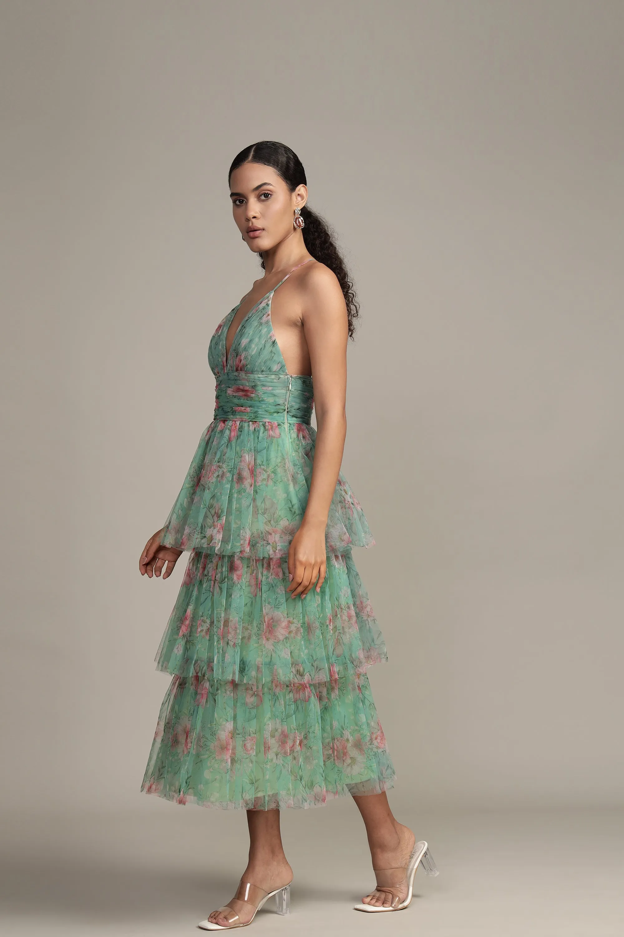 Odette Midi Dress in Green Floral