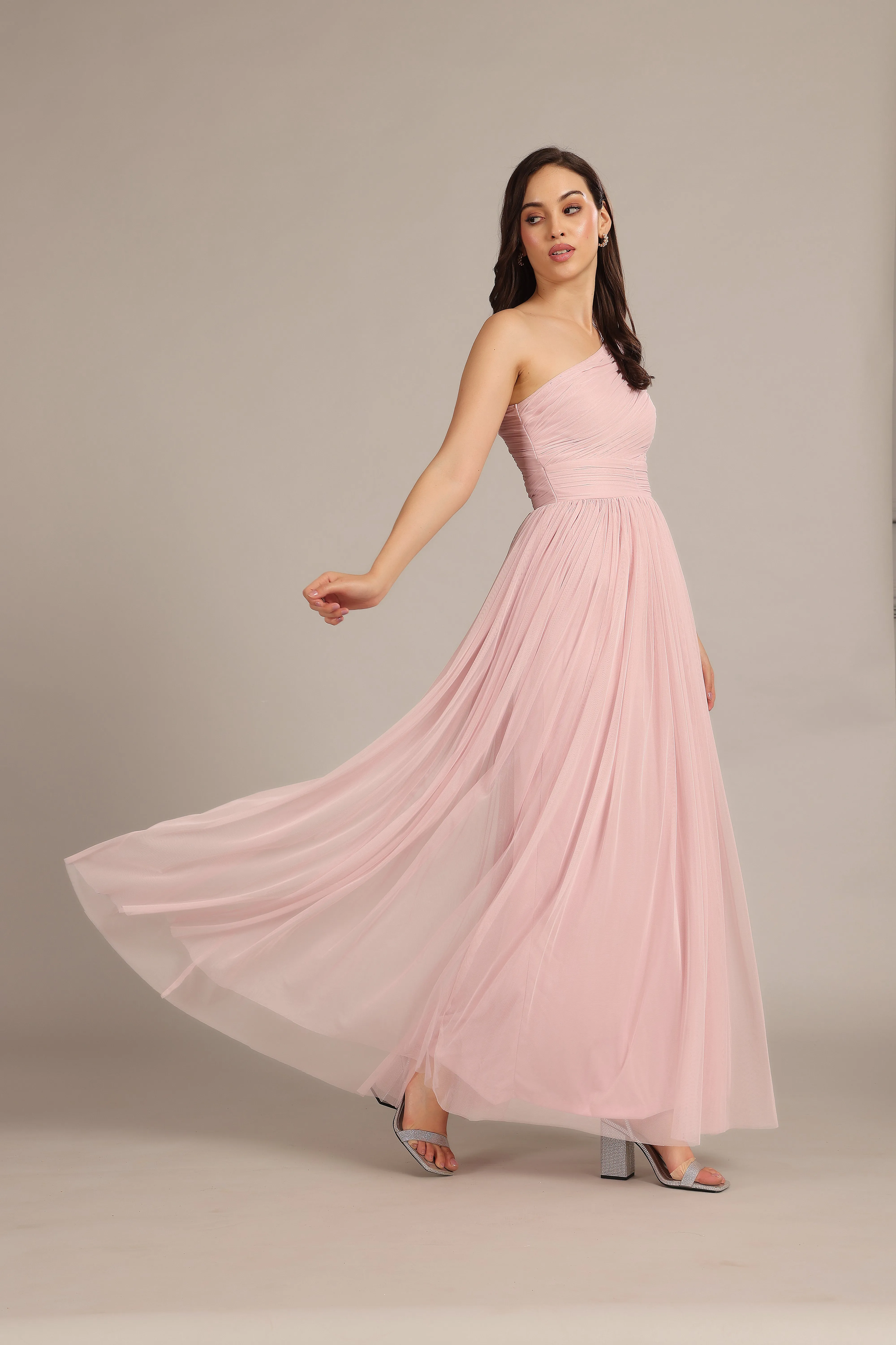 One Shoulder Maxi Dress in Powder Pink