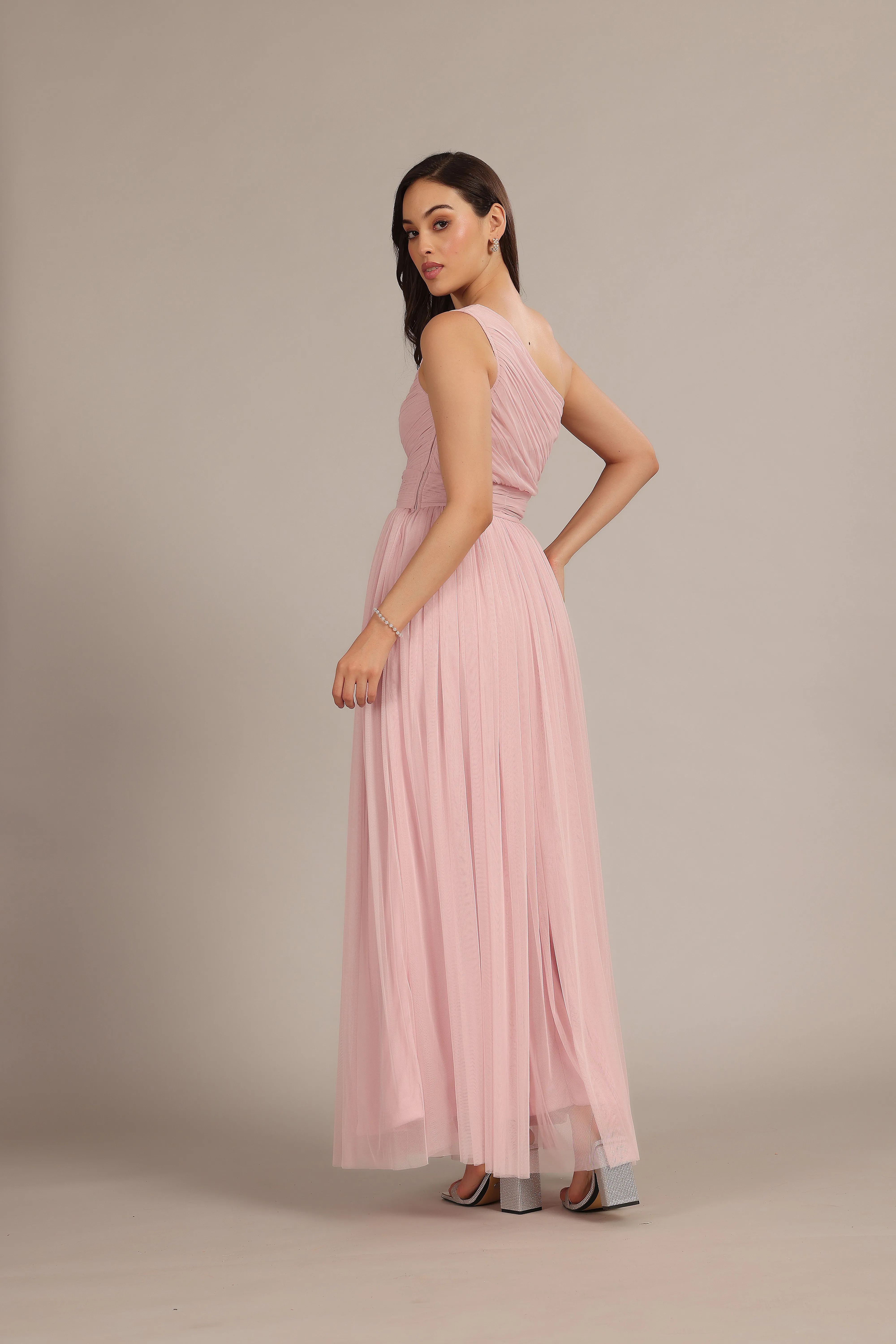 One Shoulder Maxi Dress in Powder Pink