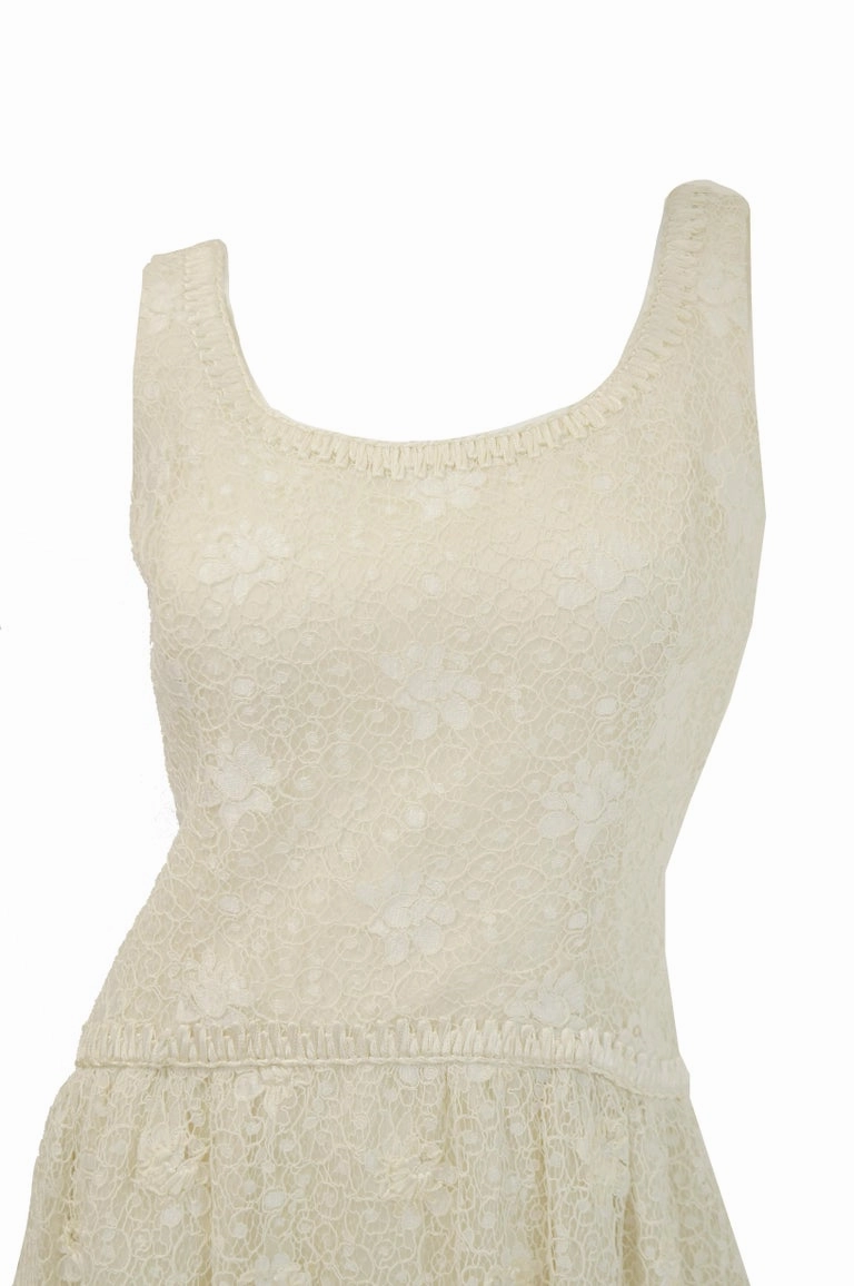 Rare 1960s Jean Louis Couture Ivory Lace and Ribbon Work Cocktail Dress and Jacket