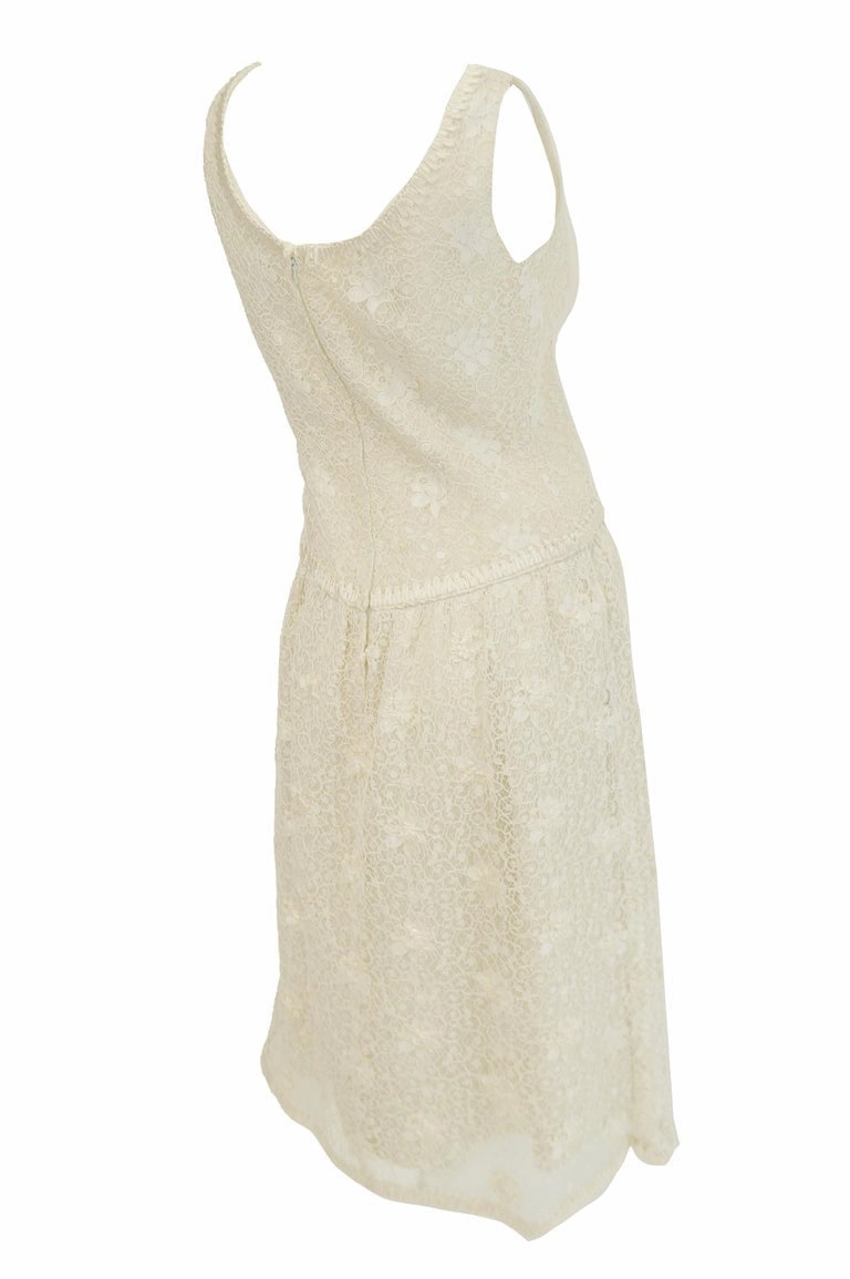 Rare 1960s Jean Louis Couture Ivory Lace and Ribbon Work Cocktail Dress and Jacket