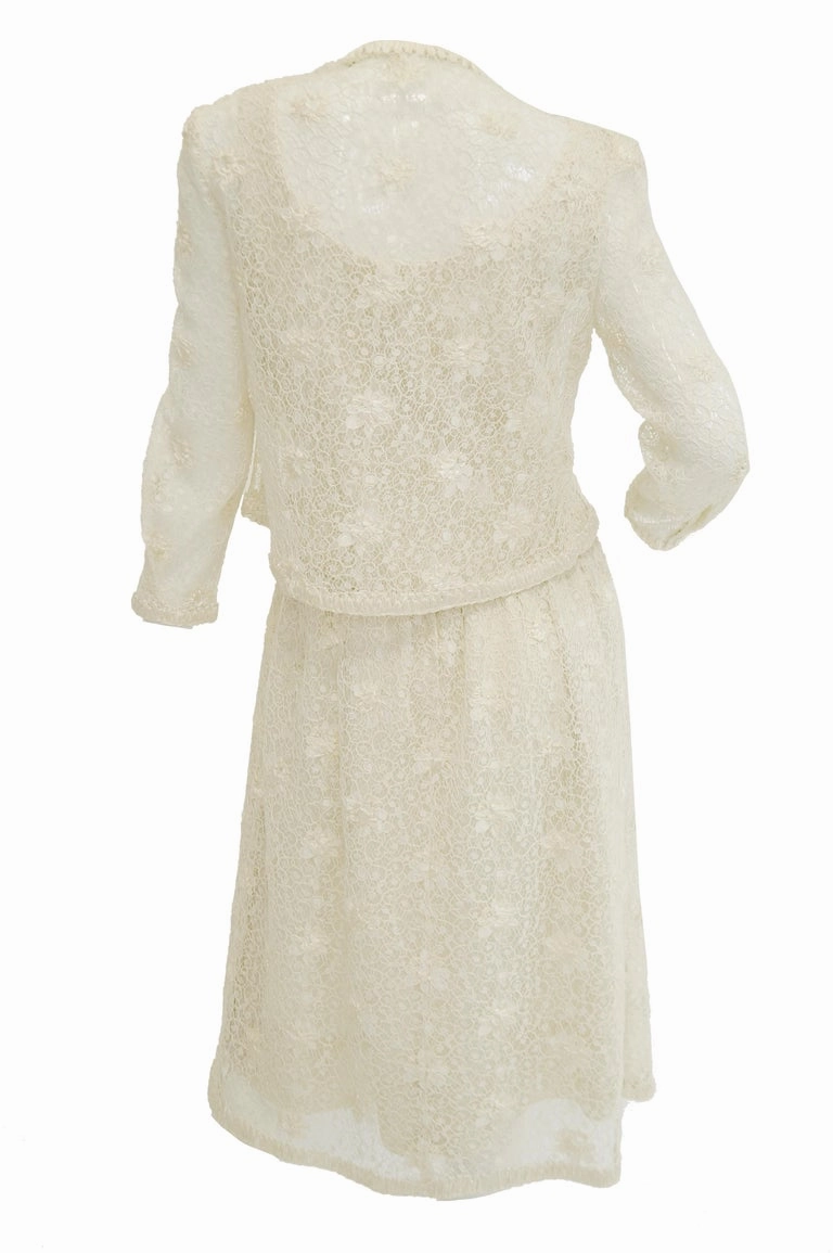 Rare 1960s Jean Louis Couture Ivory Lace and Ribbon Work Cocktail Dress and Jacket