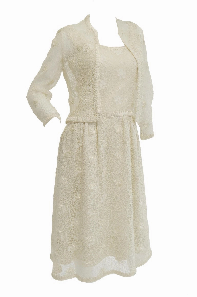 Rare 1960s Jean Louis Couture Ivory Lace and Ribbon Work Cocktail Dress and Jacket