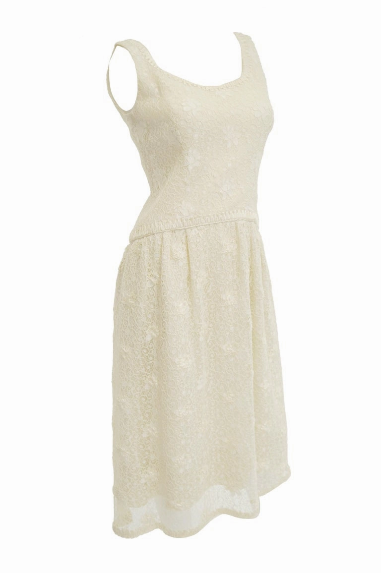 Rare 1960s Jean Louis Couture Ivory Lace and Ribbon Work Cocktail Dress and Jacket