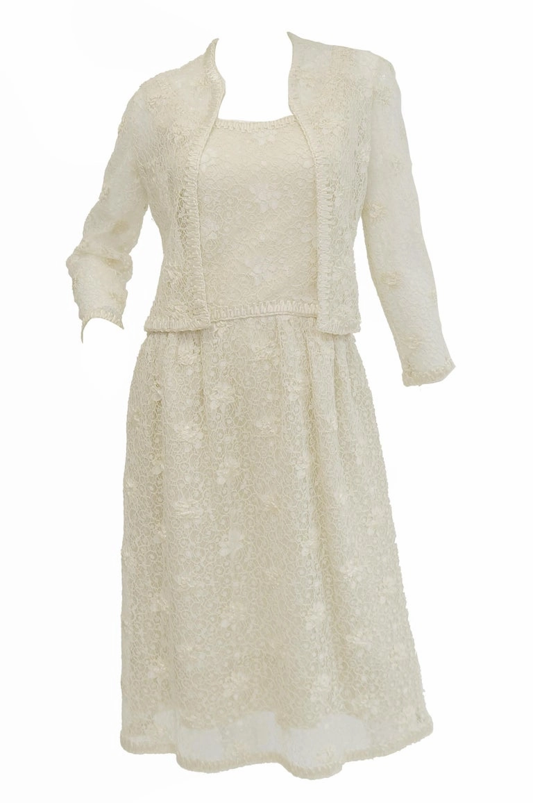 Rare 1960s Jean Louis Couture Ivory Lace and Ribbon Work Cocktail Dress and Jacket