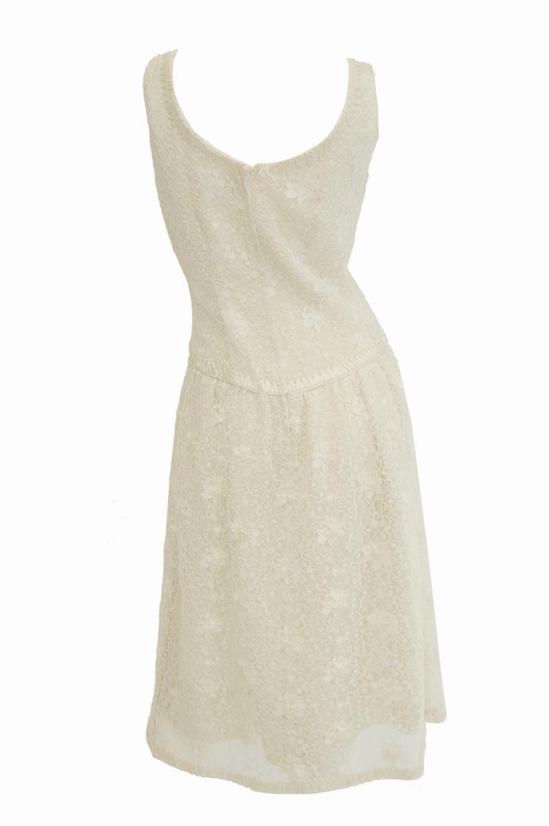 Rare 1960s Jean Louis Couture Ivory Lace and Ribbon Work Cocktail Dress and Jacket