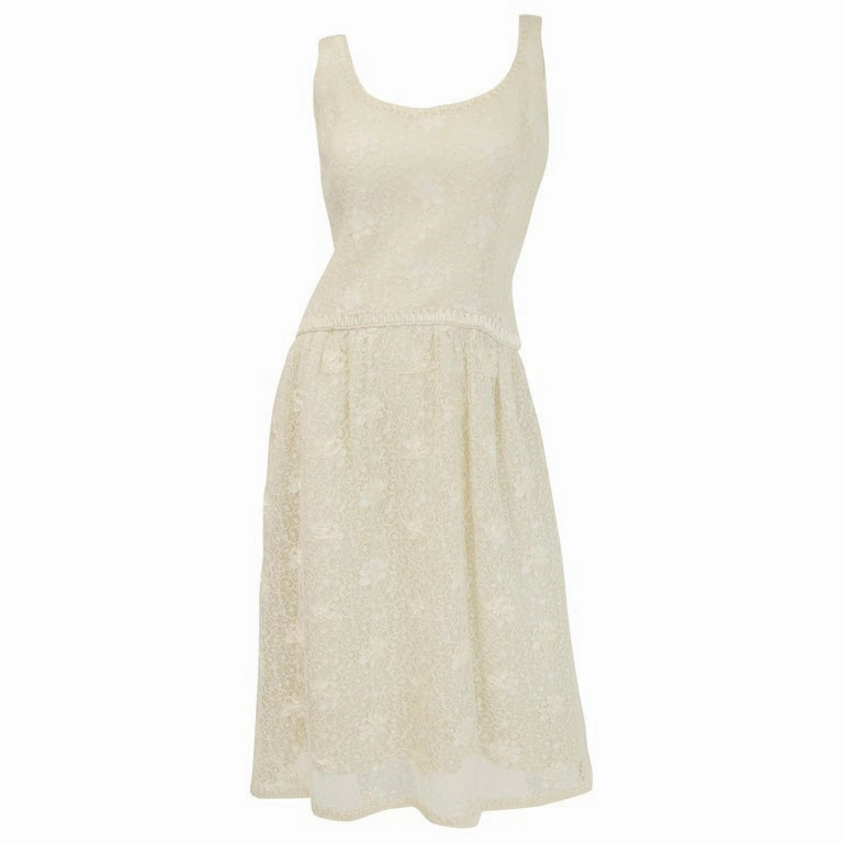 Rare 1960s Jean Louis Couture Ivory Lace and Ribbon Work Cocktail Dress and Jacket