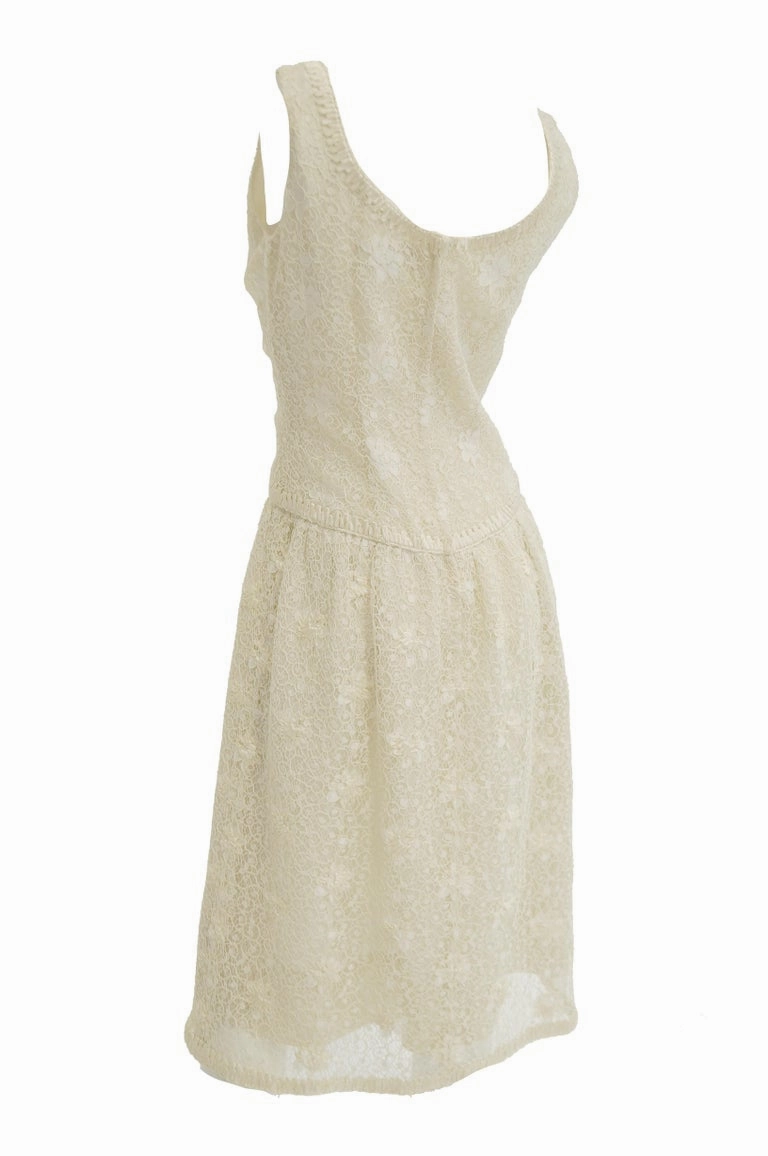 Rare 1960s Jean Louis Couture Ivory Lace and Ribbon Work Cocktail Dress and Jacket
