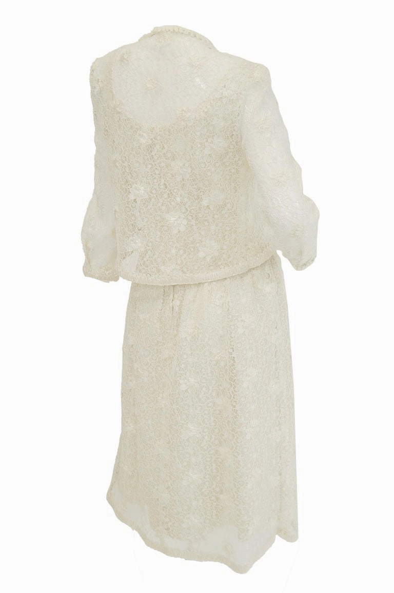 Rare 1960s Jean Louis Couture Ivory Lace and Ribbon Work Cocktail Dress and Jacket