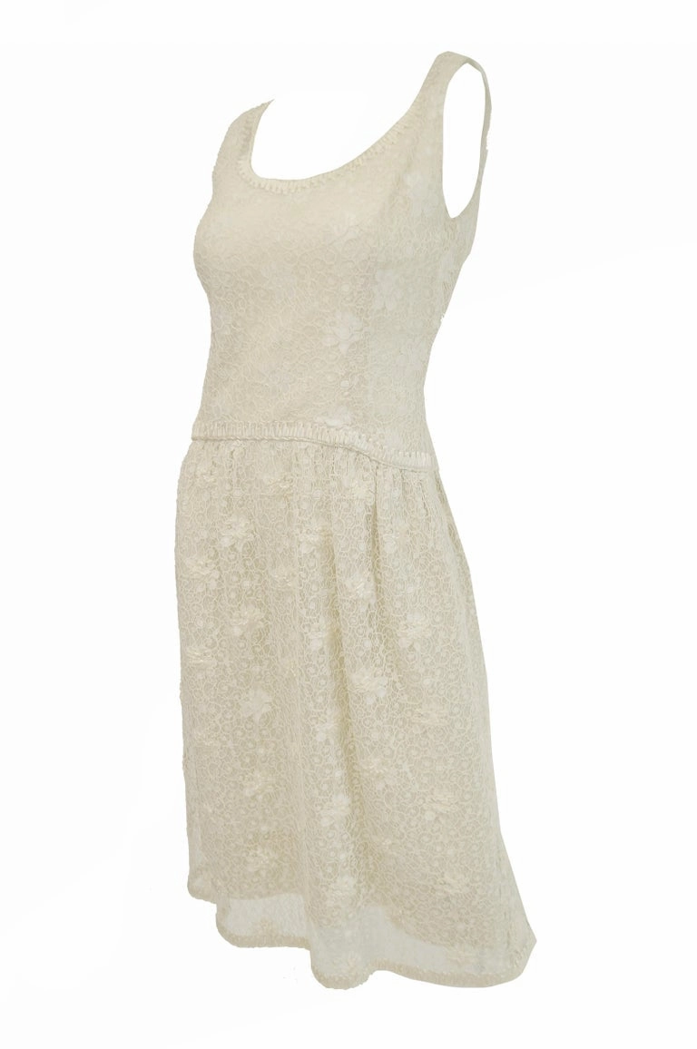 Rare 1960s Jean Louis Couture Ivory Lace and Ribbon Work Cocktail Dress and Jacket