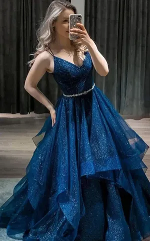 Spaghetti Criss-cross A-line Ball Gown Tulle Sequin Prom Dress with Beaded Waist