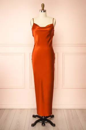 Stacy Rust | Long Satin Dress w/ Open Back