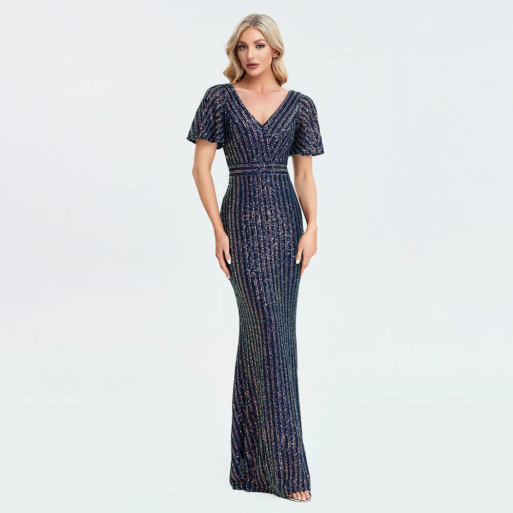 Striped Sequined V-Neck Short Sleeves Sheath Maxi Formal/Evening Dress