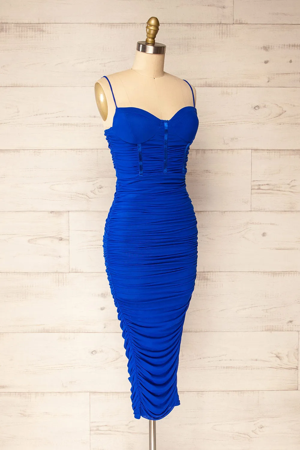 Venise Blue | Fitted Ruched Midi Dress w/ Bustier Bodice