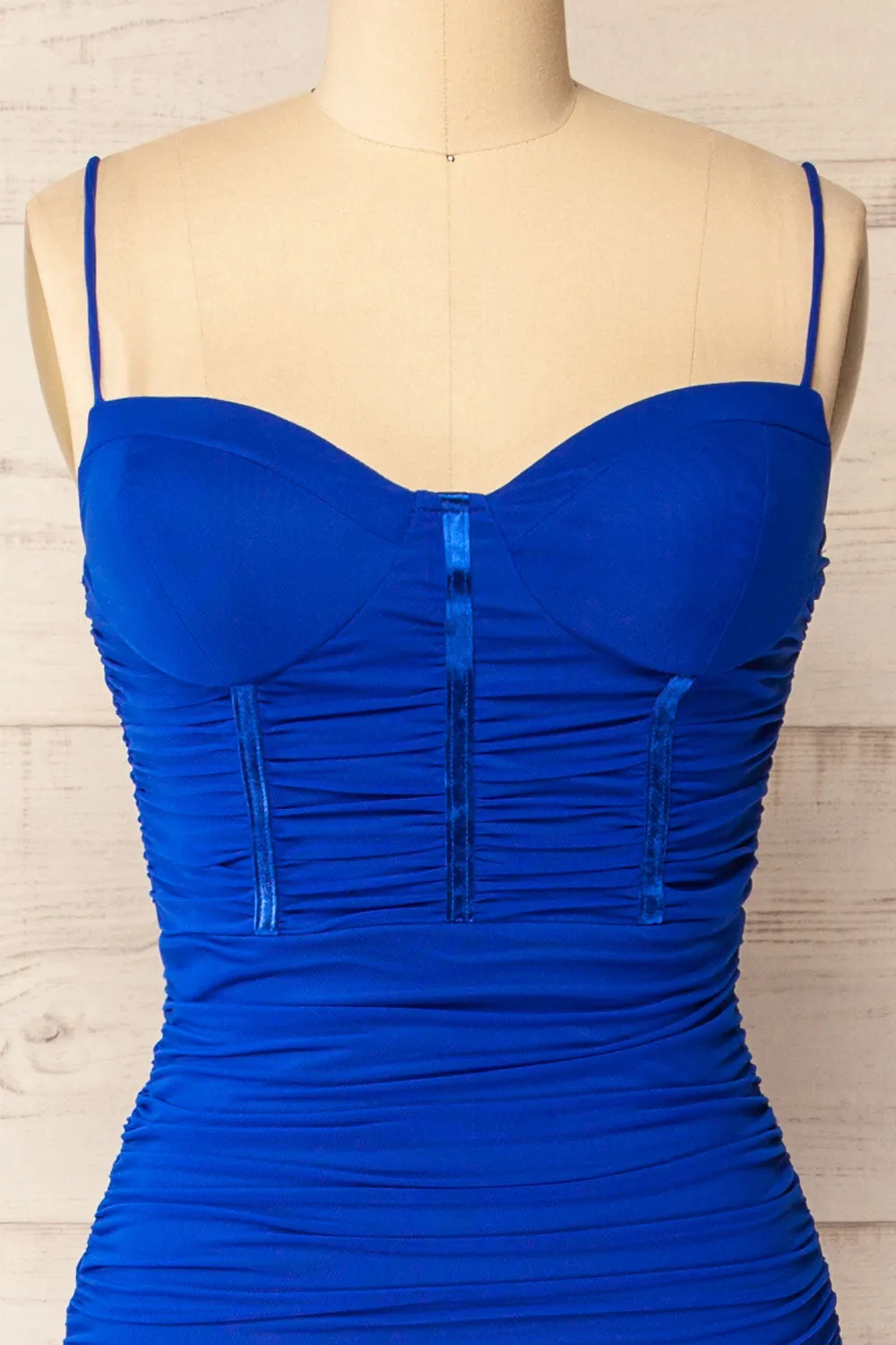 Venise Blue | Fitted Ruched Midi Dress w/ Bustier Bodice