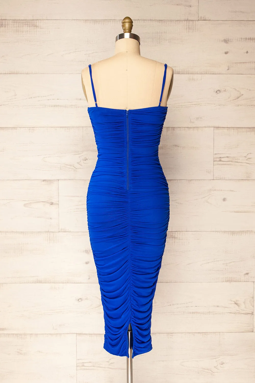 Venise Blue | Fitted Ruched Midi Dress w/ Bustier Bodice