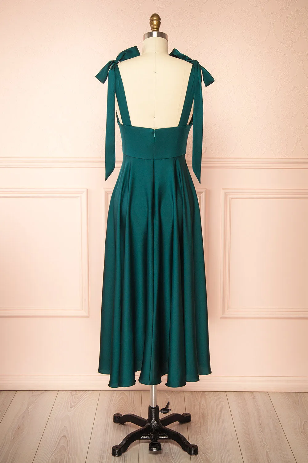 Vida Green | Satin Midi Dress w/ Tie Straps