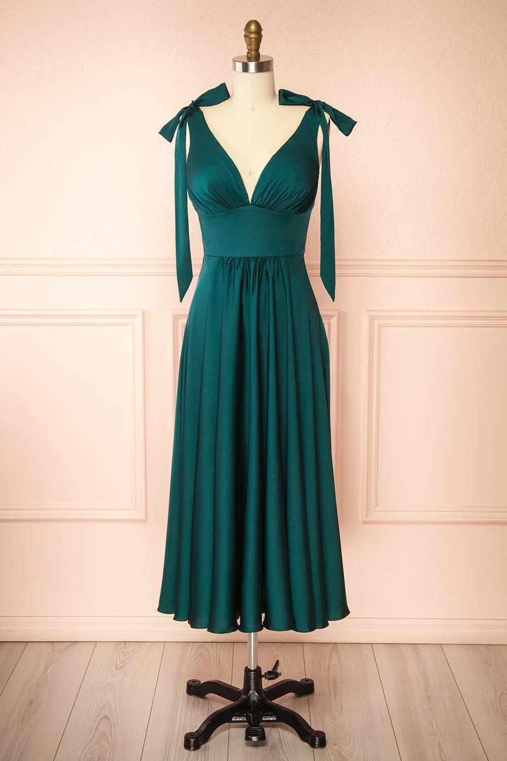 Vida Green | Satin Midi Dress w/ Tie Straps