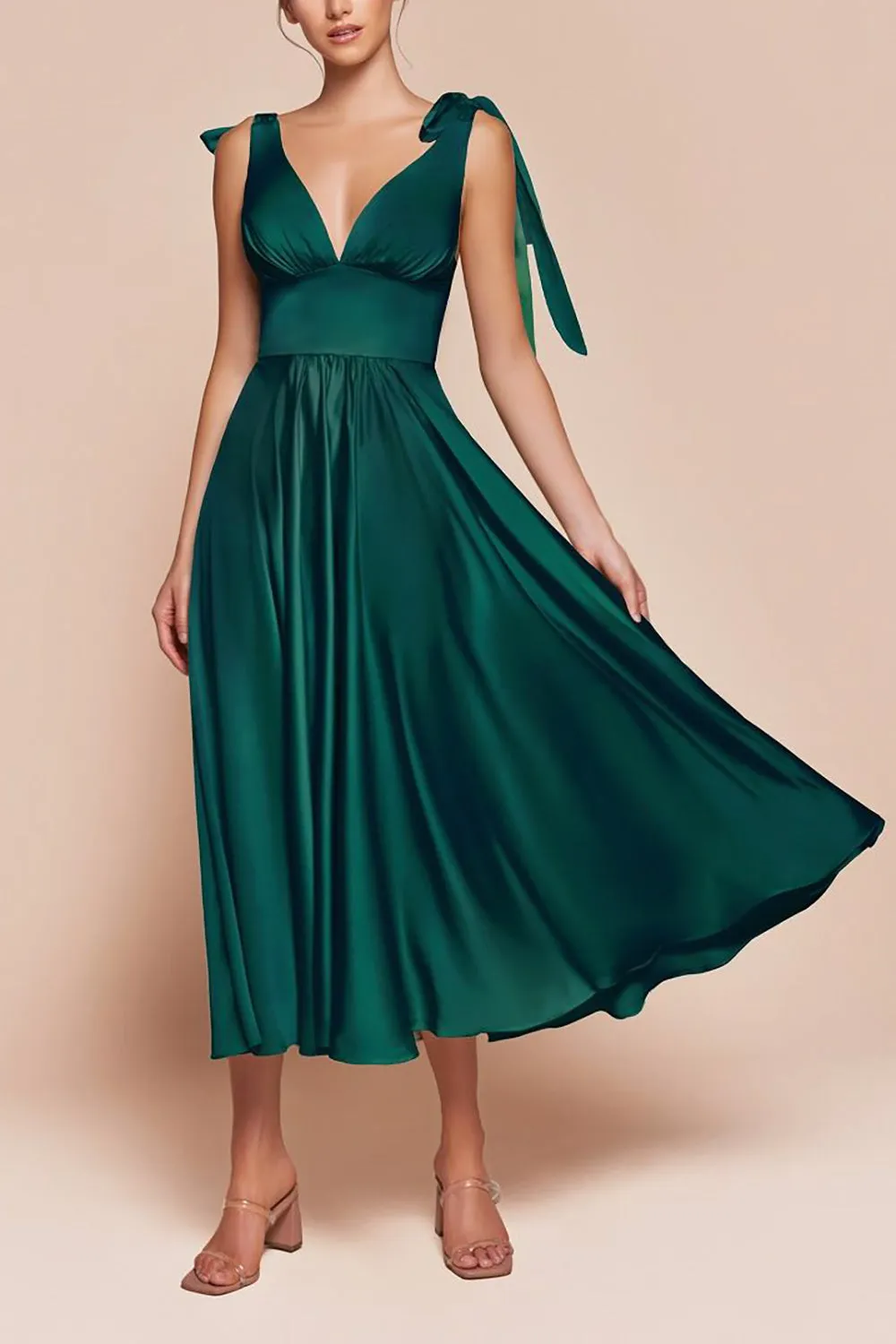 Vida Green | Satin Midi Dress w/ Tie Straps