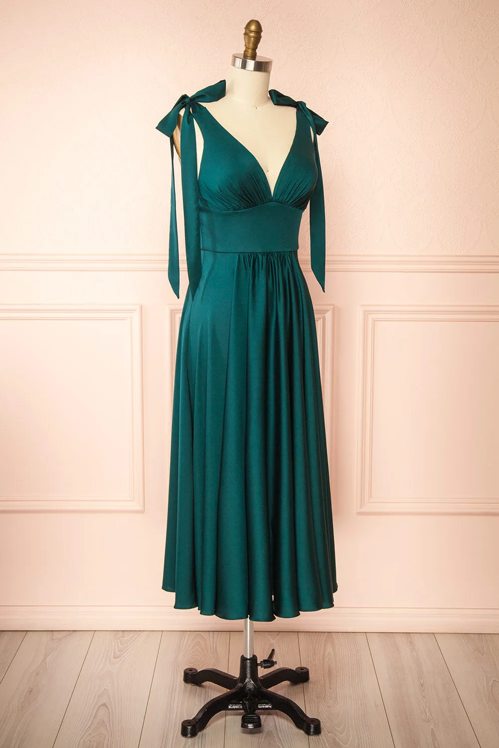 Vida Green | Satin Midi Dress w/ Tie Straps